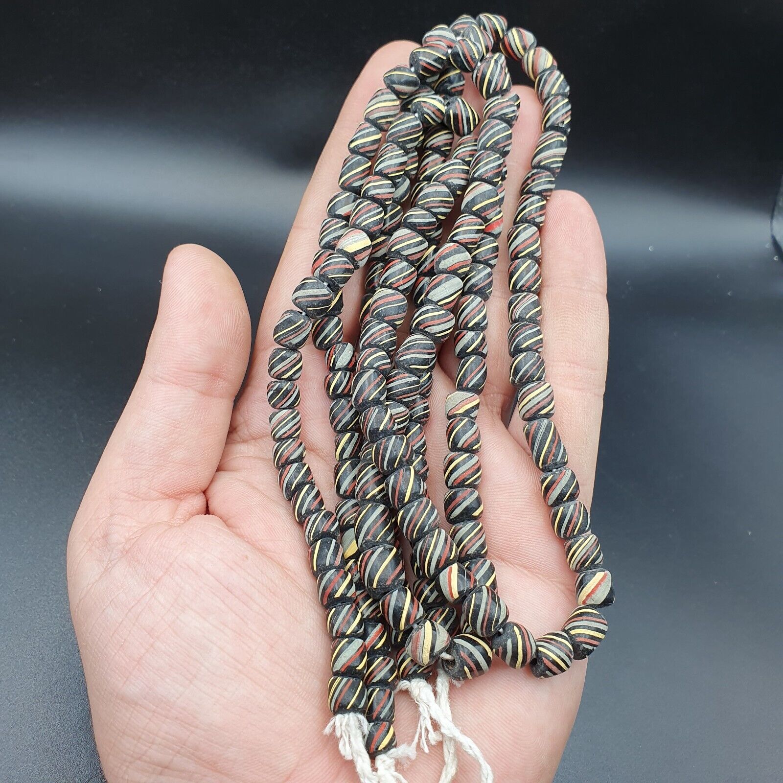 Lot 2 Vintage OLD AFRICAN Black GLASS ANTIQUE Stripes BEADS 7-8MM  beads Strand