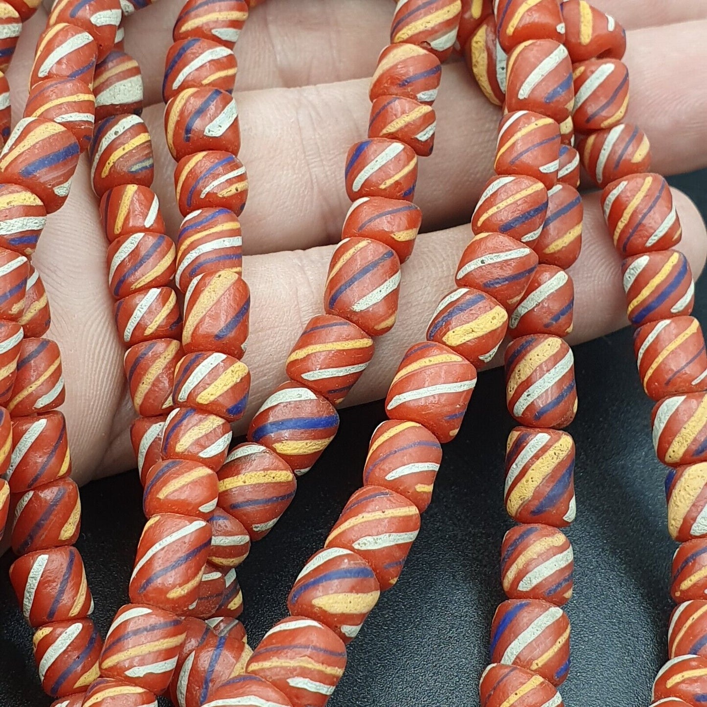 批量 2 復古老非洲紅色玻璃古董條紋珠 7-8 毫米珠串