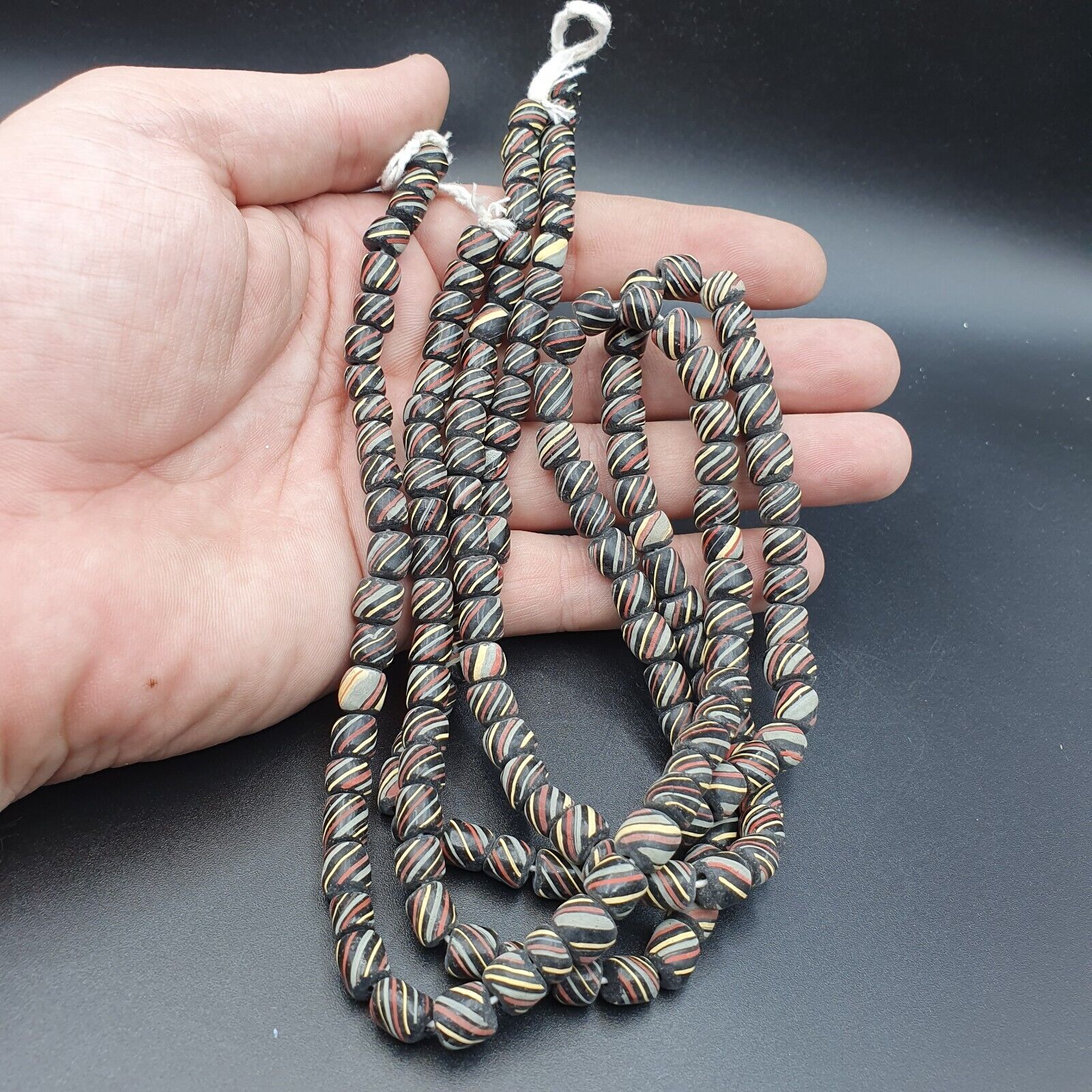 Lot 2 Vintage OLD AFRICAN Black GLASS ANTIQUE Stripes BEADS 7-8MM  beads Strand