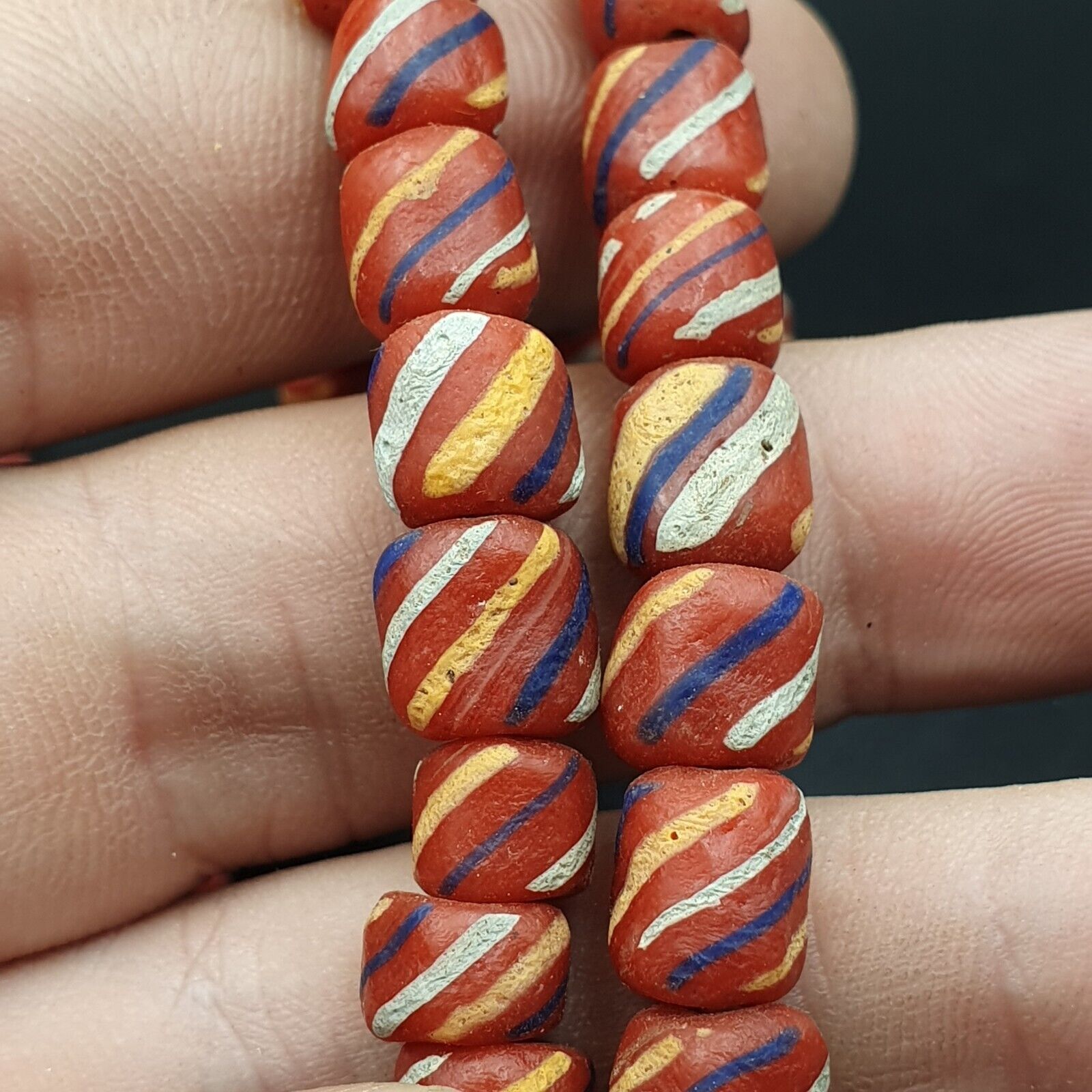 Lot 2 Vintage OLD AFRICAN Red GLASS ANTIQUE Stripes BEADS 7-8MM  beads Strand