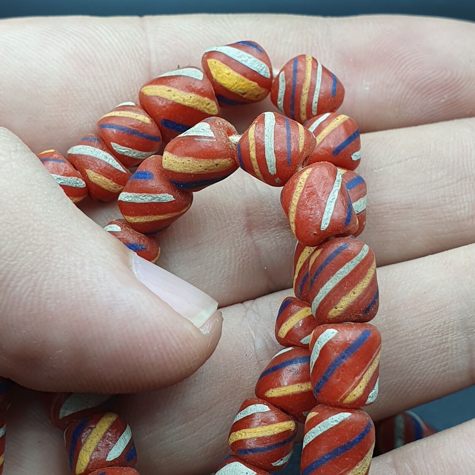 Lot 2 Vintage OLD AFRICAN Red GLASS ANTIQUE Stripes BEADS 7-8MM  beads Strand