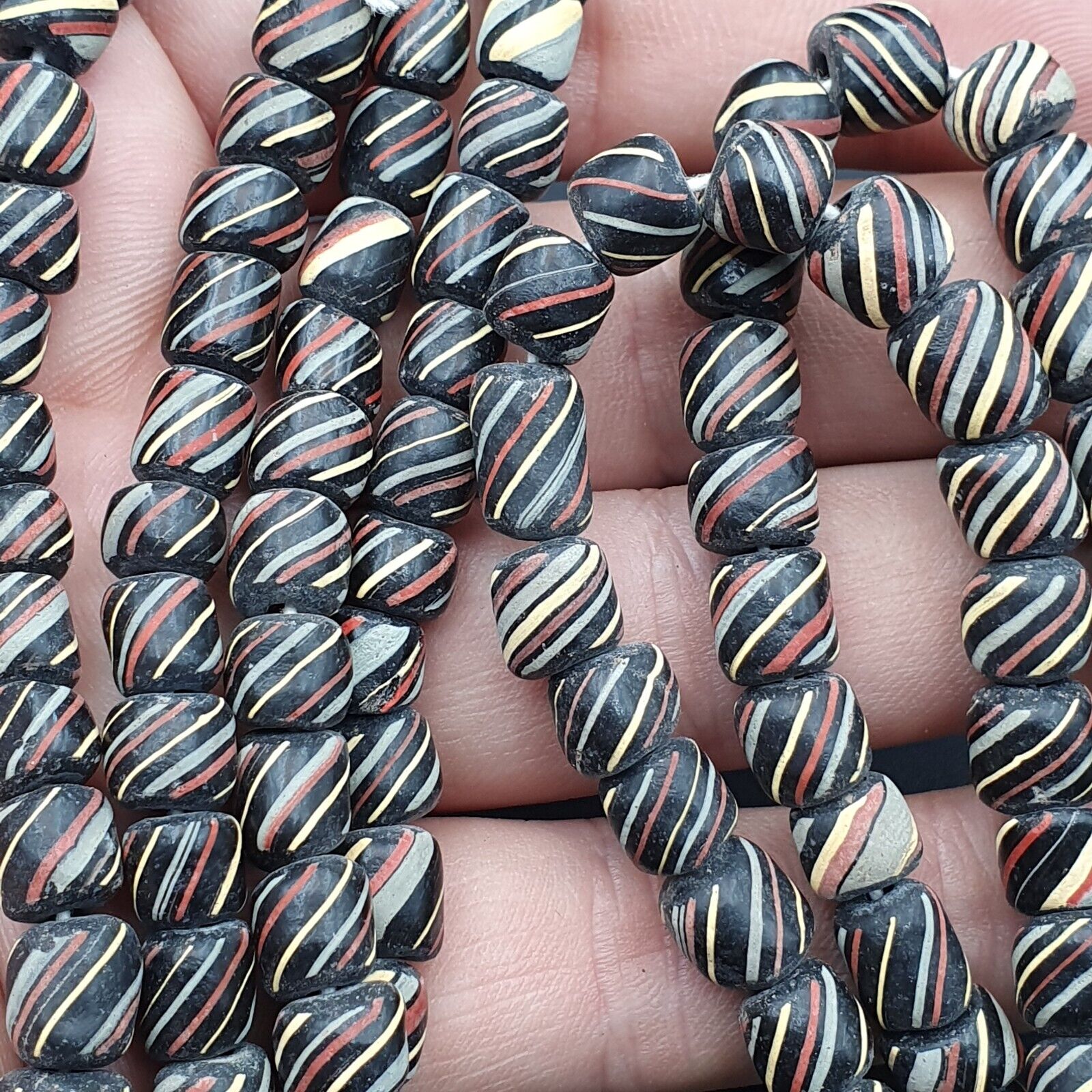 Lot 2 Vintage OLD AFRICAN Black GLASS ANTIQUE Stripes BEADS 7-8MM  beads Strand