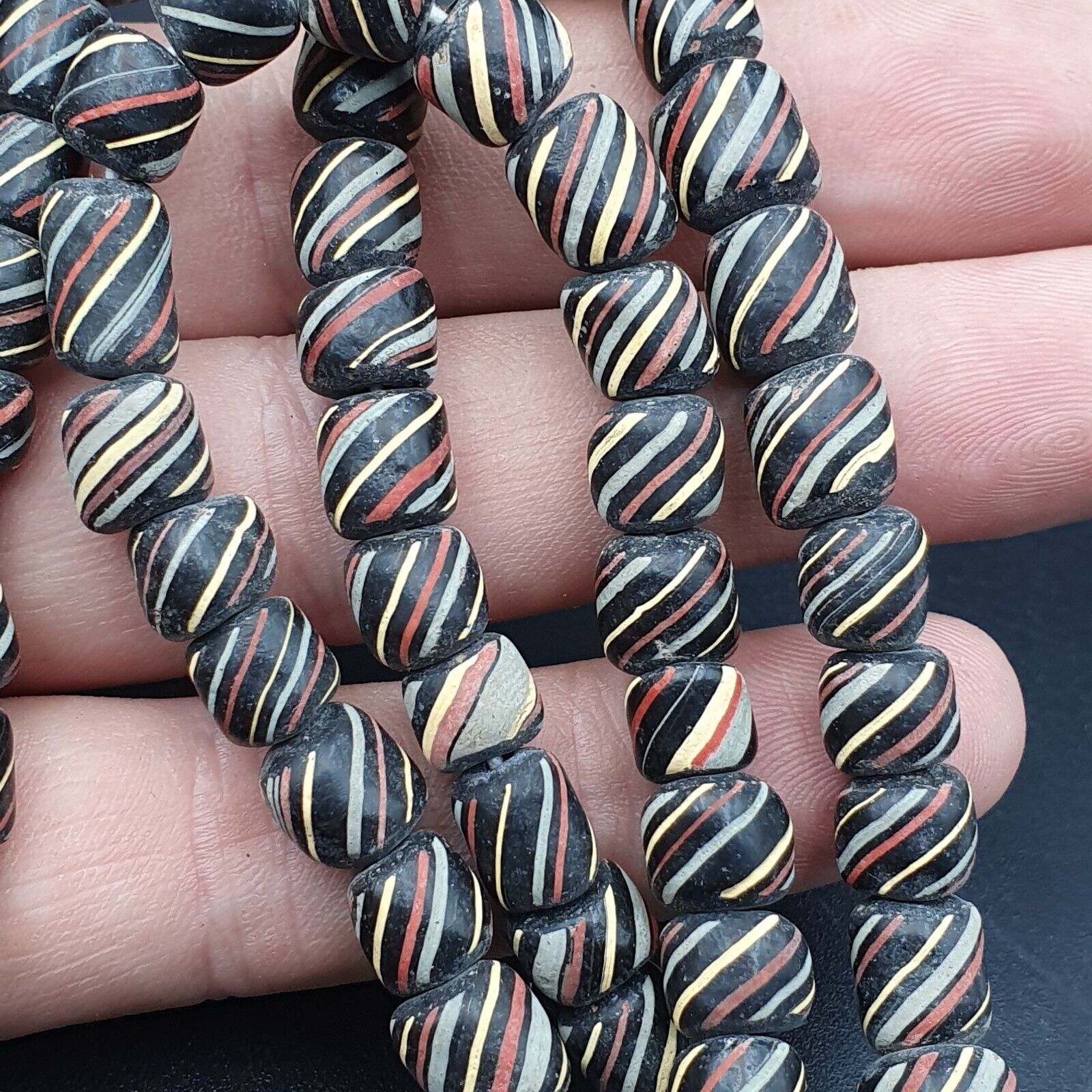 Lot 2 Vintage OLD AFRICAN Black GLASS ANTIQUE Stripes BEADS 7-8MM  beads Strand