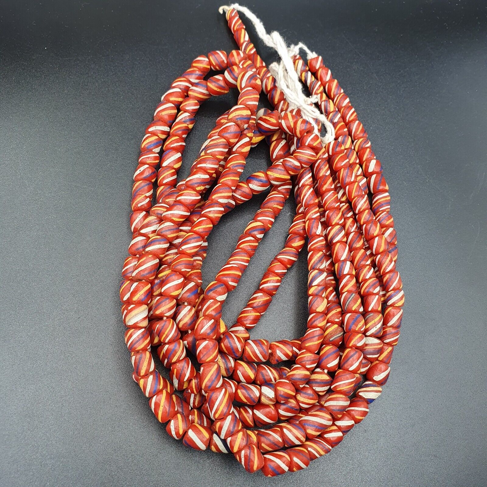 Lot 2 Vintage OLD AFRICAN Red GLASS ANTIQUE Stripes BEADS 7-8MM  beads Strand