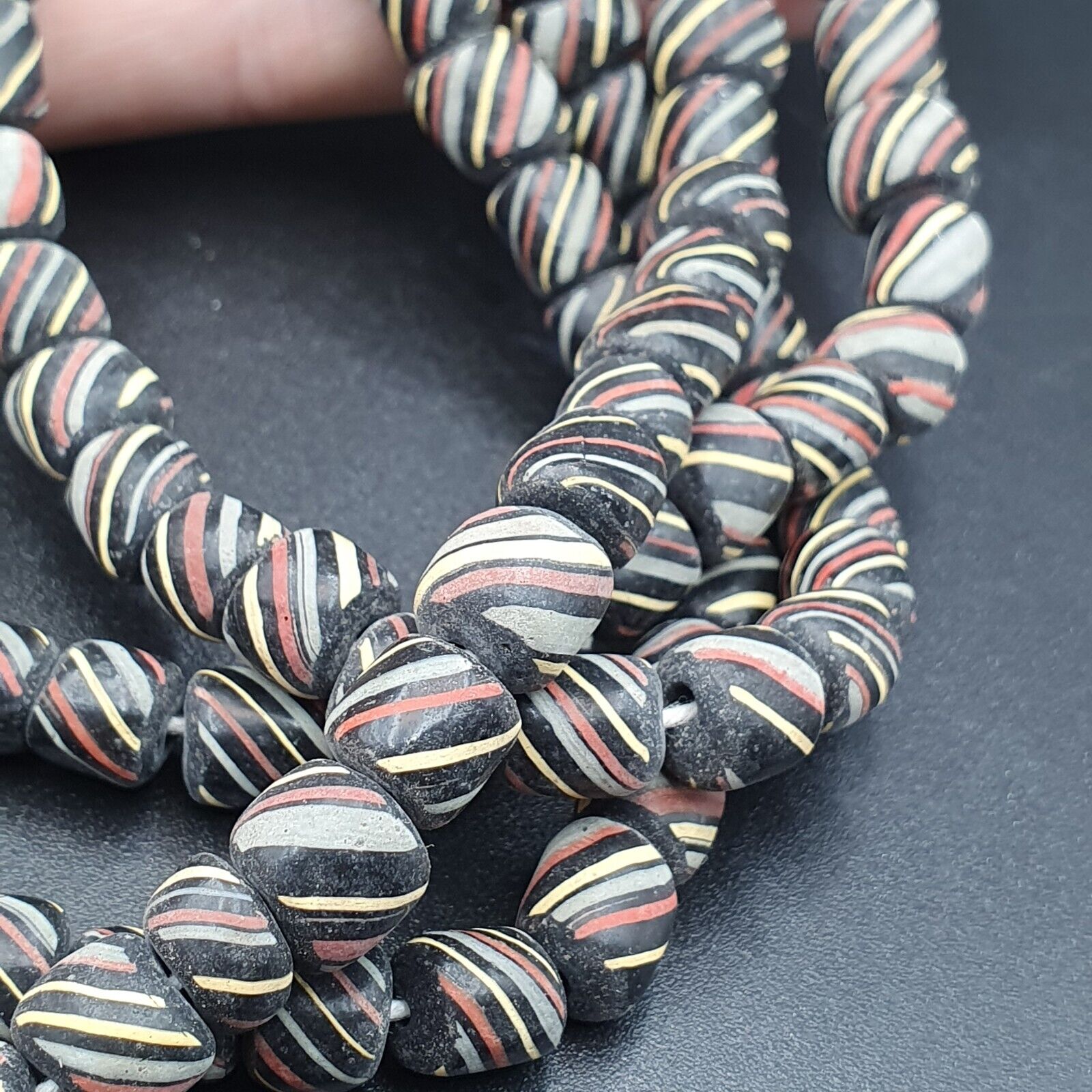 Lot 2 Vintage OLD AFRICAN Black GLASS ANTIQUE Stripes BEADS 7-8MM  beads Strand