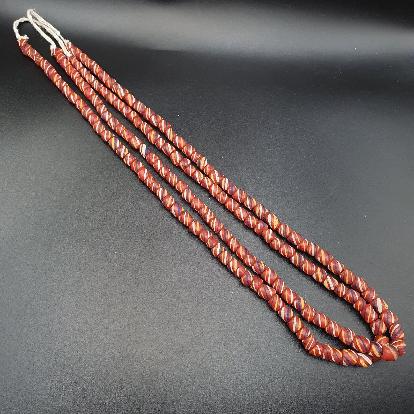 Lot 2 Vintage OLD AFRICAN Red GLASS ANTIQUE Stripes BEADS 7-8MM  beads Strand