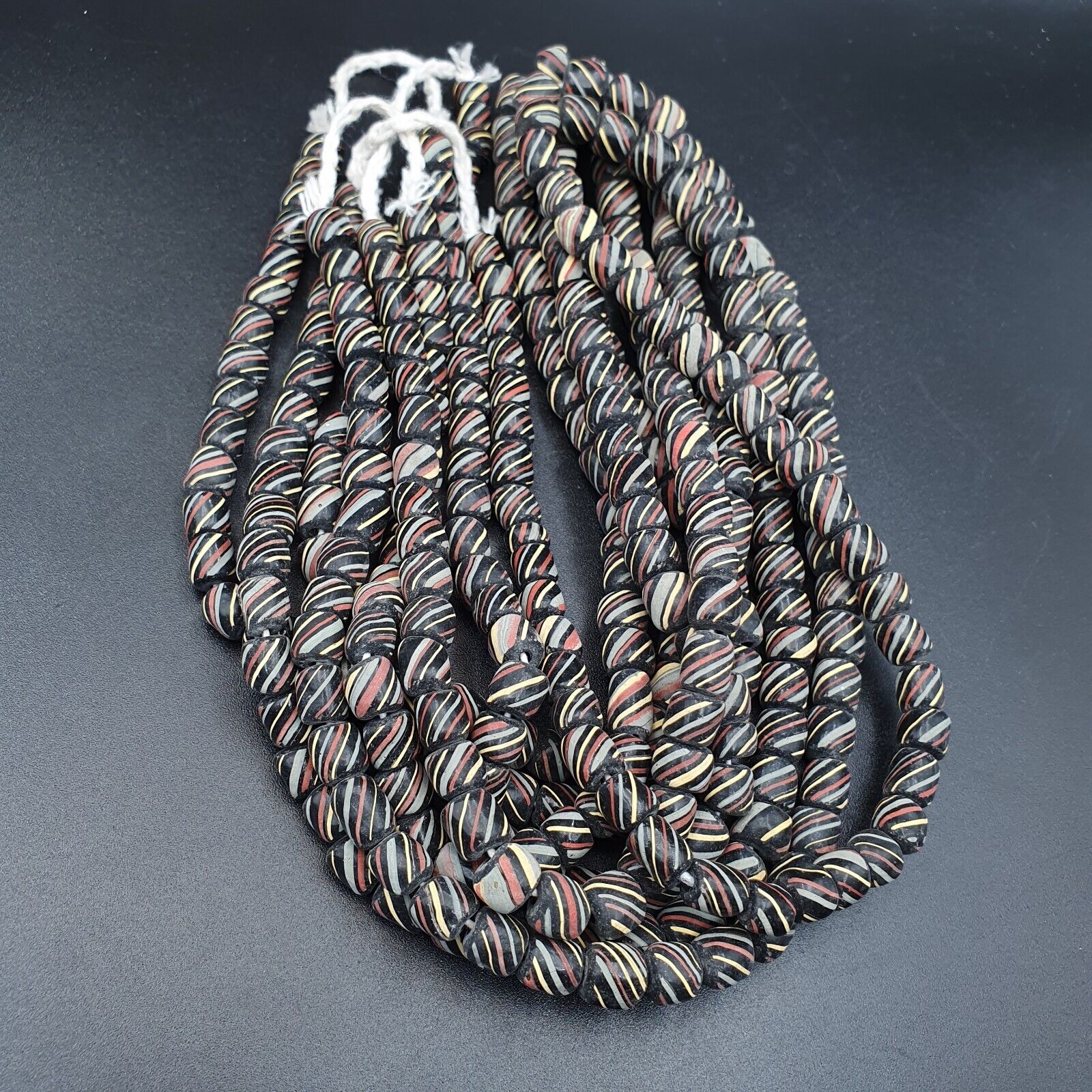 Lot 2 Vintage OLD AFRICAN Black GLASS ANTIQUE Stripes BEADS 7-8MM  beads Strand