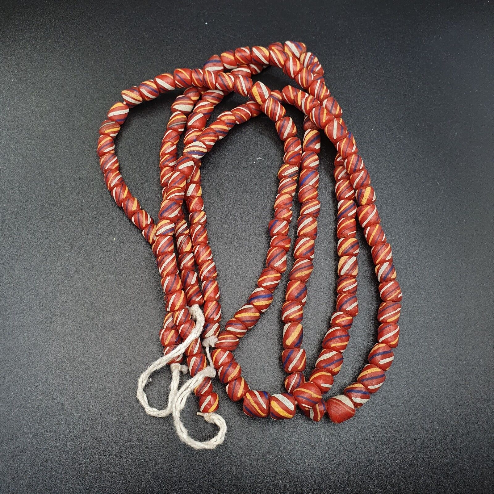 Lot 2 Vintage OLD AFRICAN Red GLASS ANTIQUE Stripes BEADS 7-8MM  beads Strand