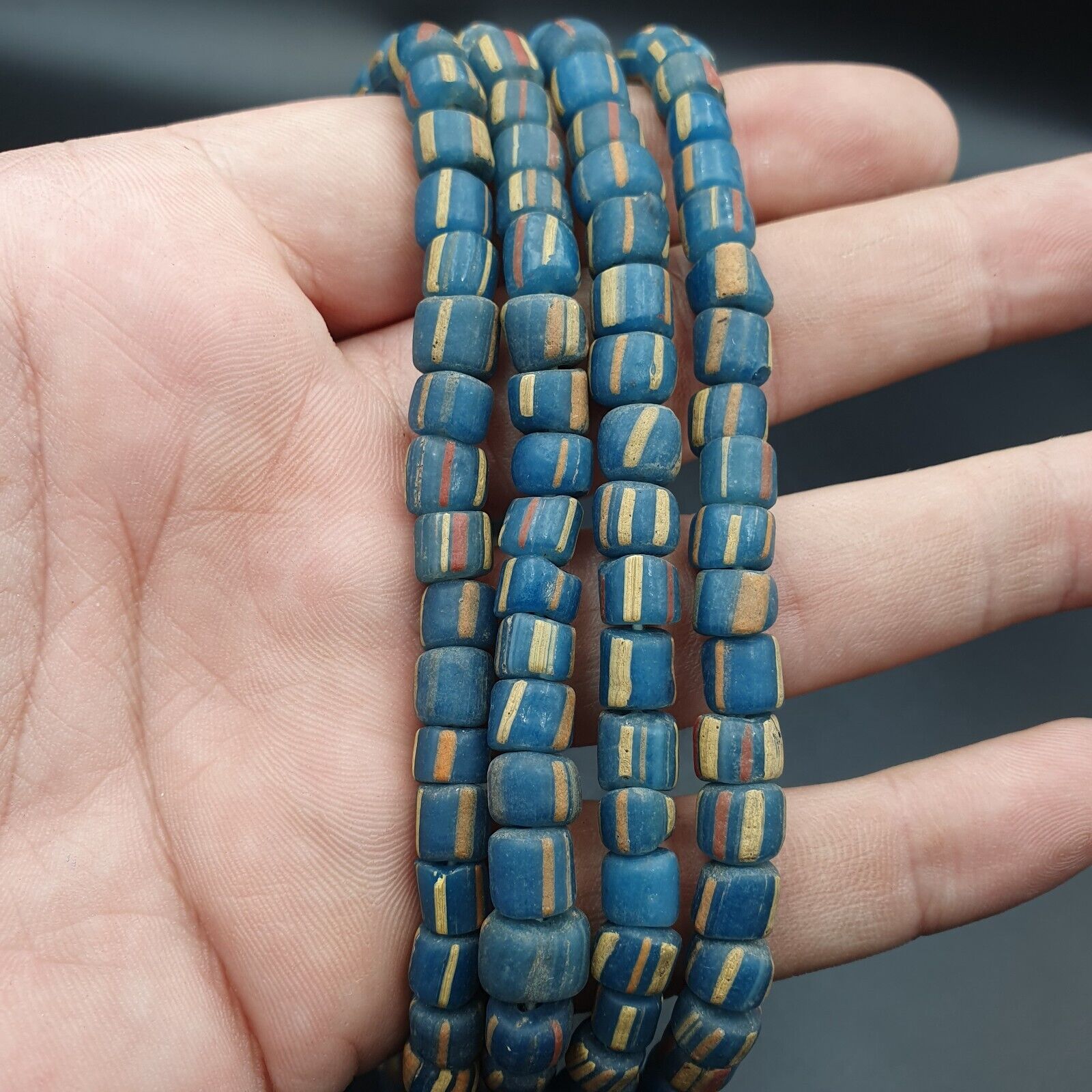 Lot 2 Vintage OLD AFRICAN Blue GLASS ANTIQUE Stripes BEADS 7-8MM  beads Strand