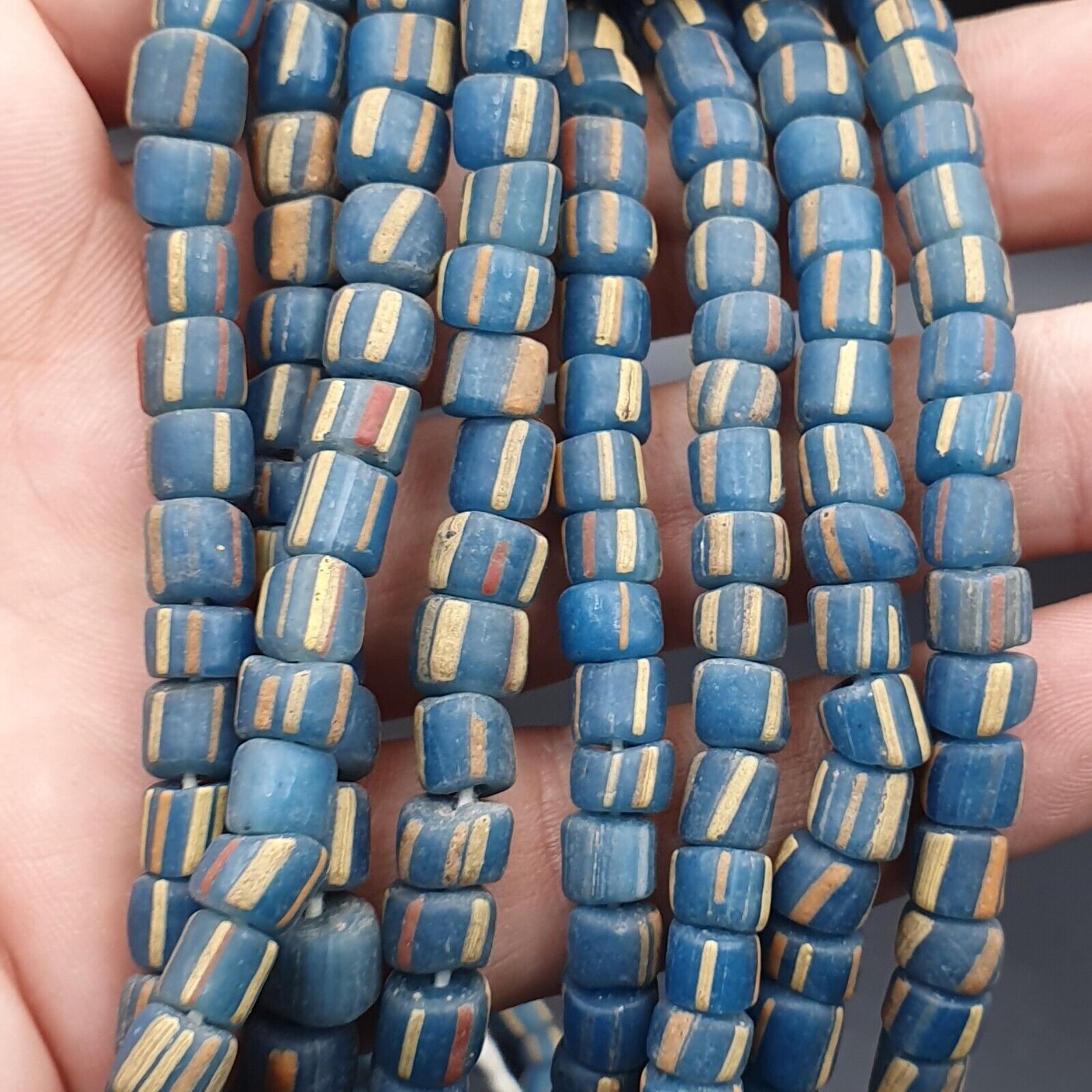 Lot 2 Vintage OLD AFRICAN Blue GLASS ANTIQUE Stripes BEADS 7-8MM  beads Strand