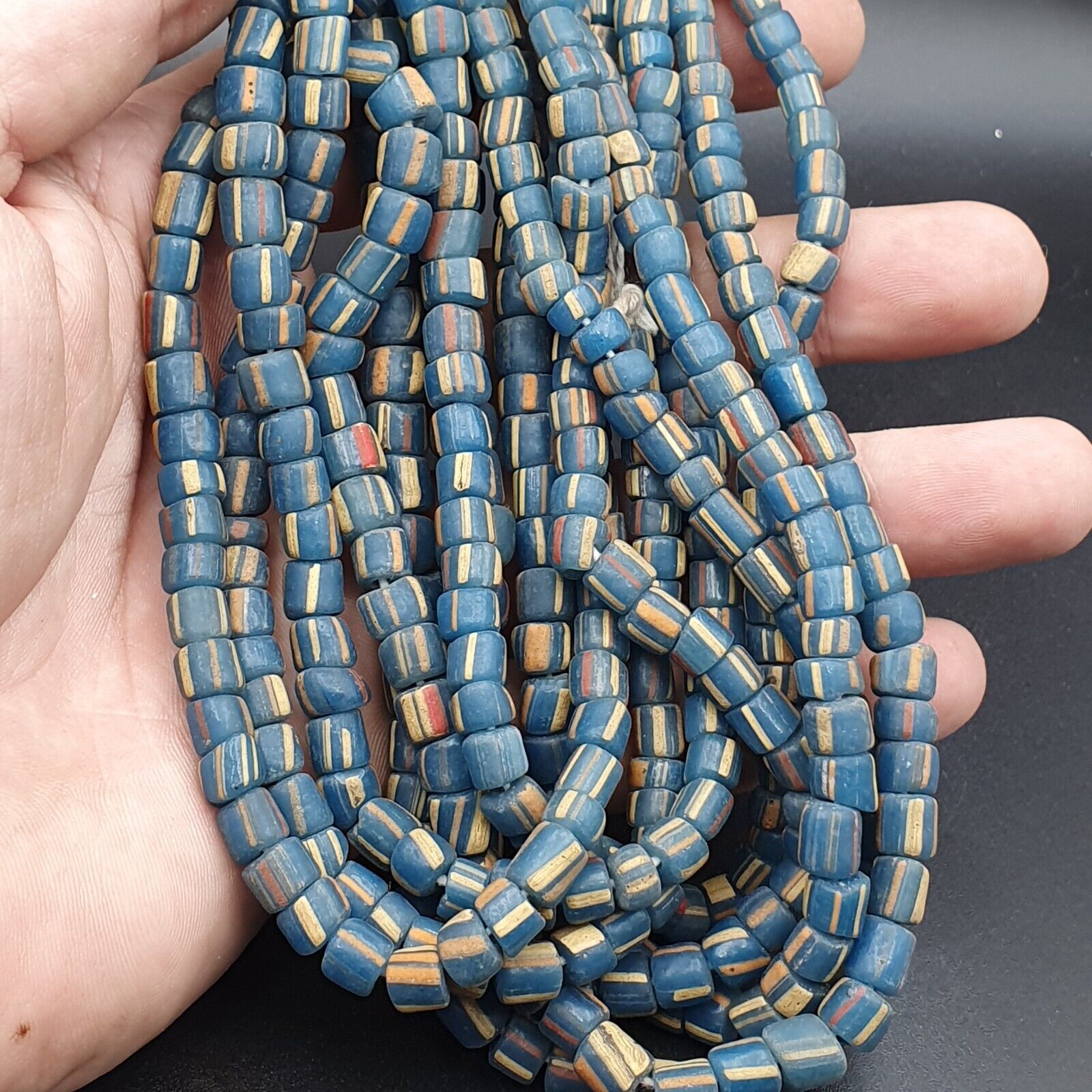 Lot 2 Vintage OLD AFRICAN Blue GLASS ANTIQUE Stripes BEADS 7-8MM  beads Strand