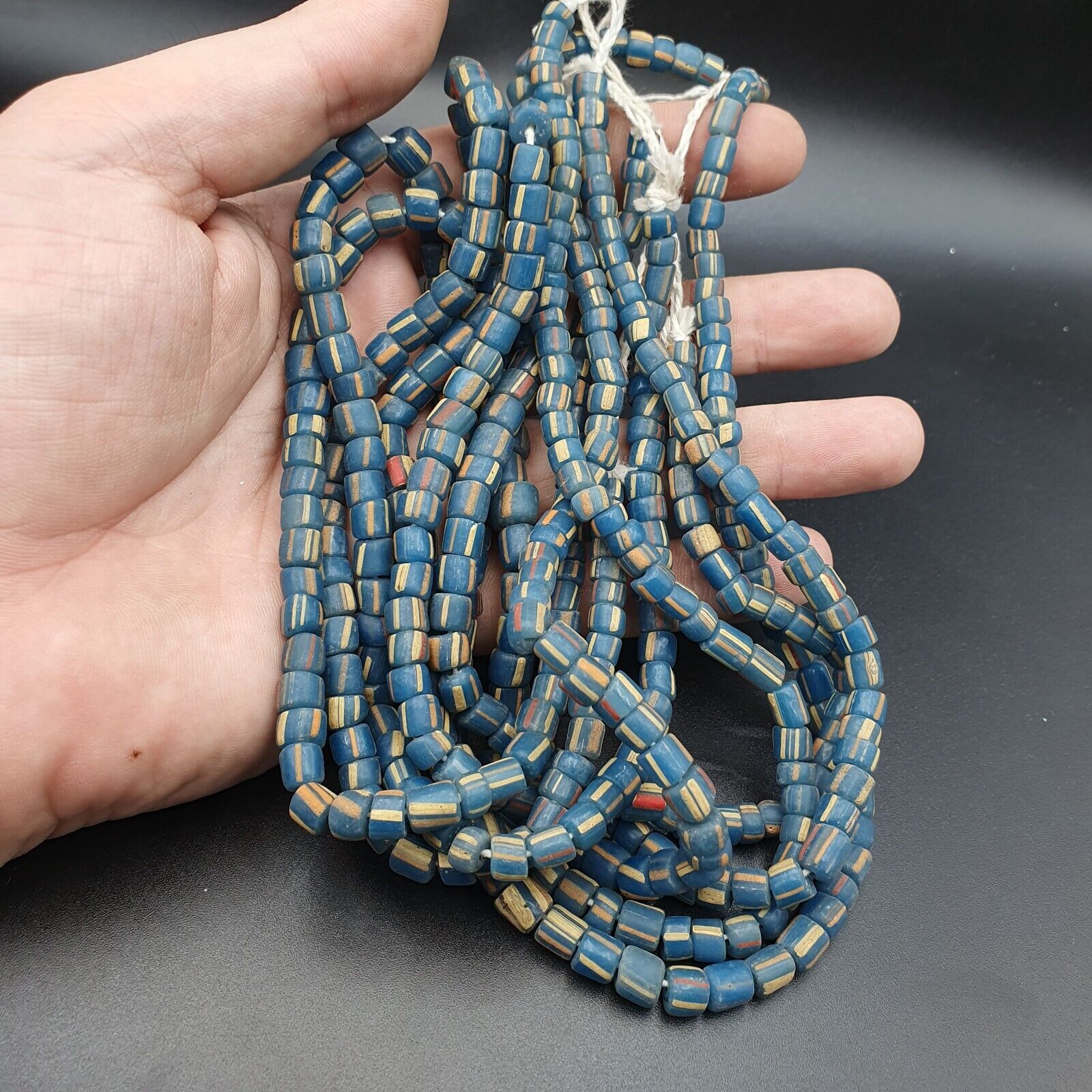 Lot 2 Vintage OLD AFRICAN Blue GLASS ANTIQUE Stripes BEADS 7-8MM  beads Strand