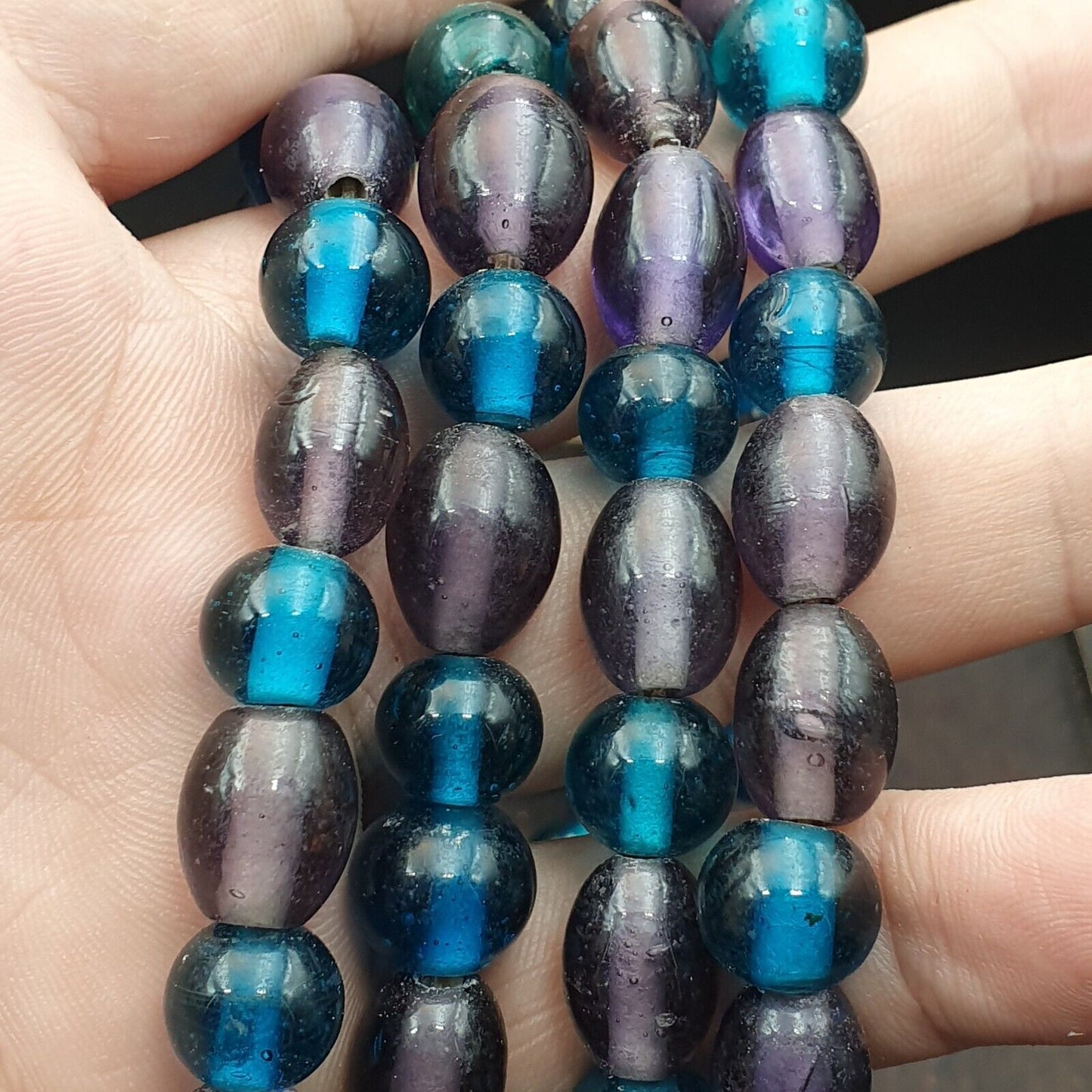 復古玻璃珠水藍色潟湖和紫色花式珠 10.5MM-11MM 串
