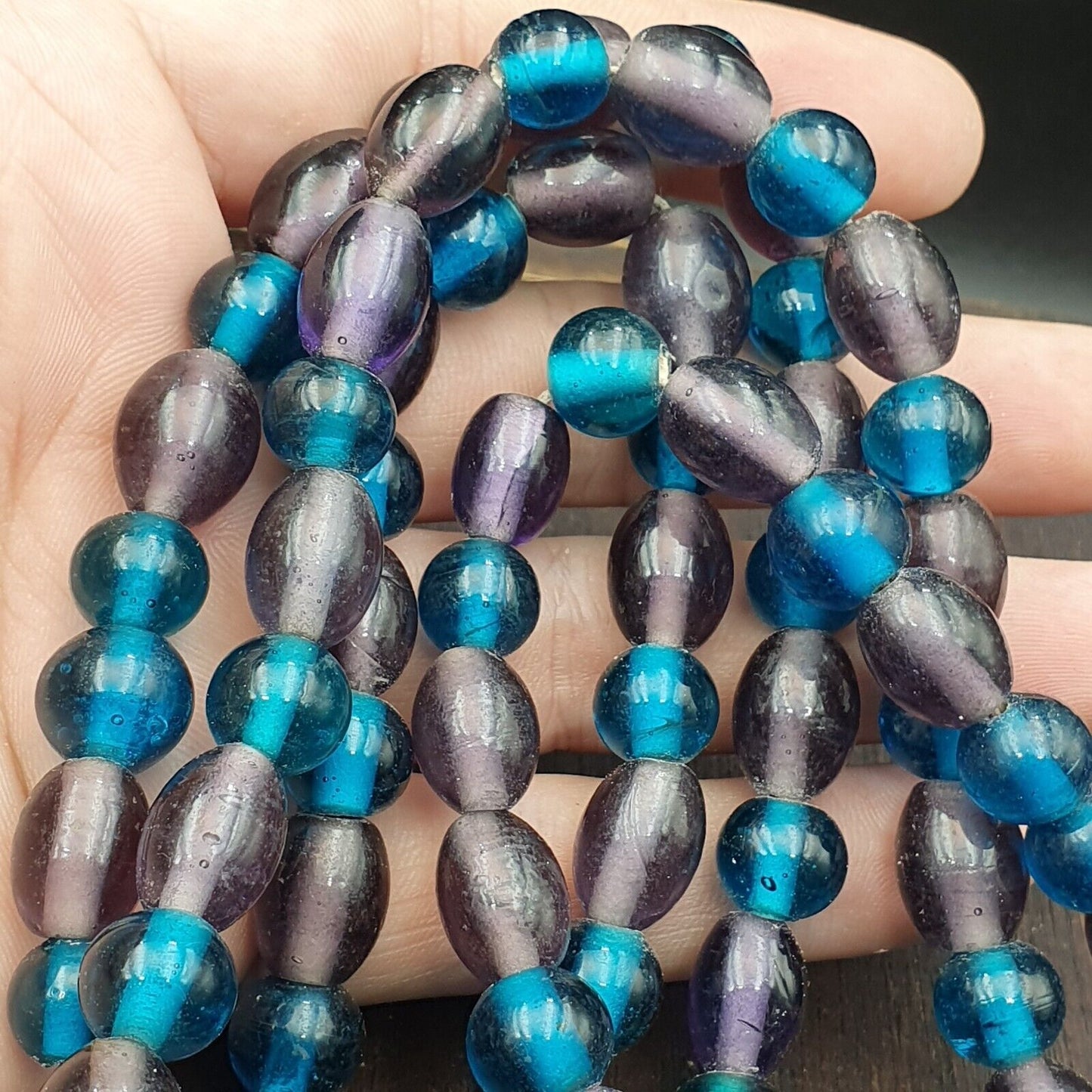復古玻璃珠水藍色潟湖和紫色花式珠 10.5MM-11MM 串