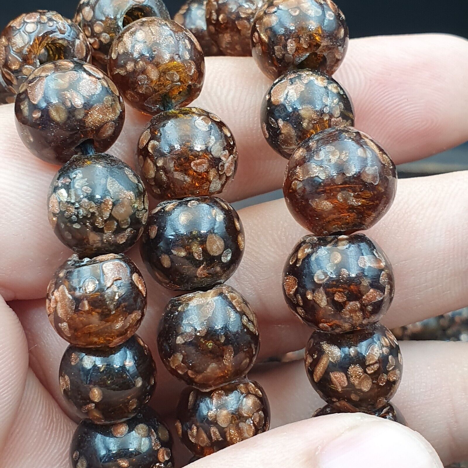 Vintage glass beads aventurine BROWN fancy trade Beads 12MM
