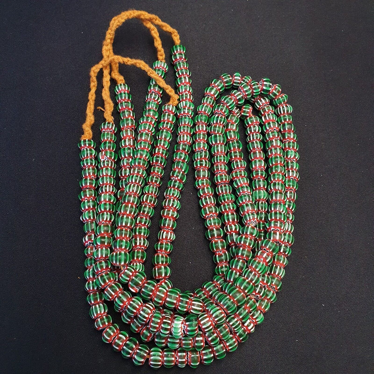 Vintage Venetian African Style Glass Green Chevron 9mm Beads Long Strand