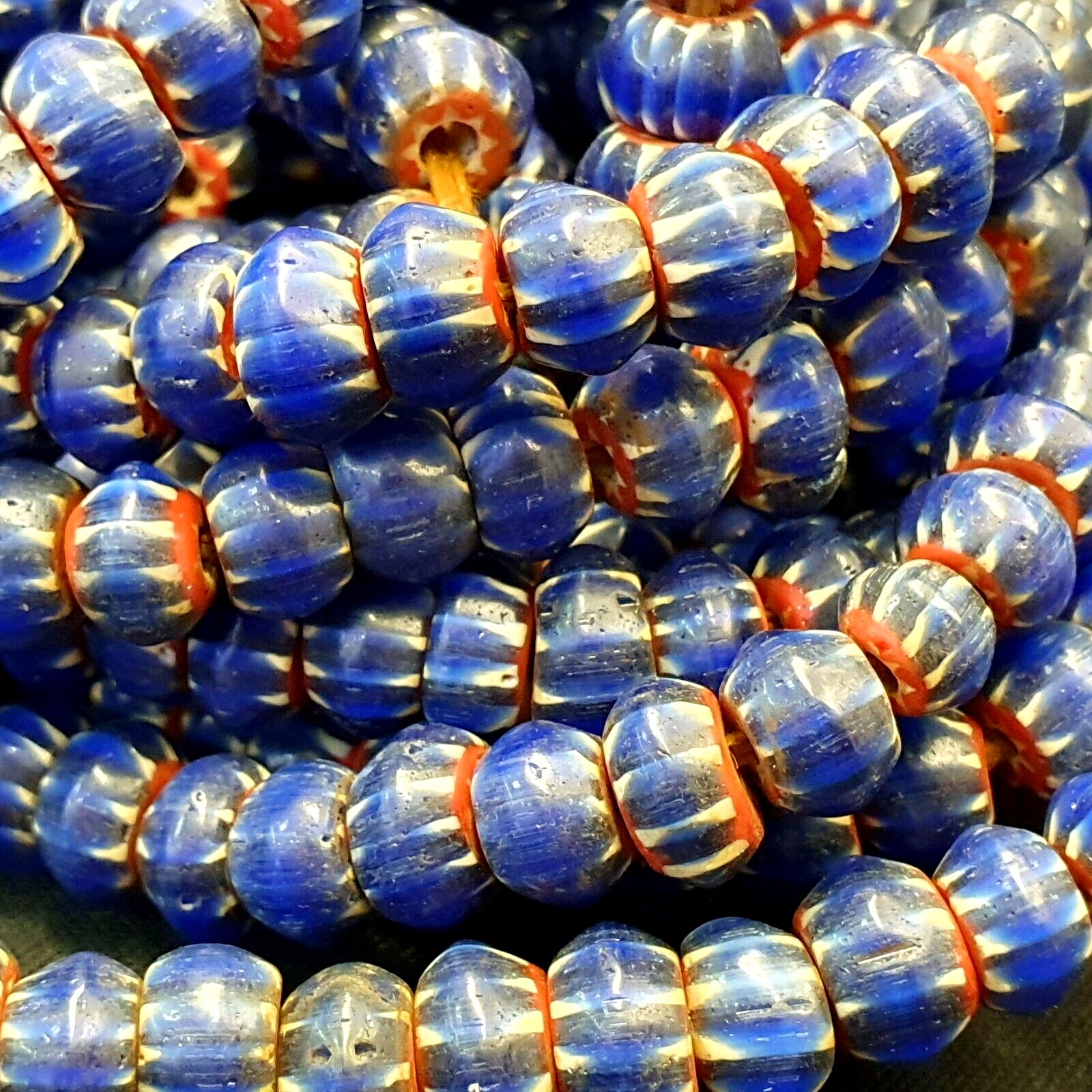Vintage Venetian African Style Glass Blue Chevron 9mm Beads Long Strand