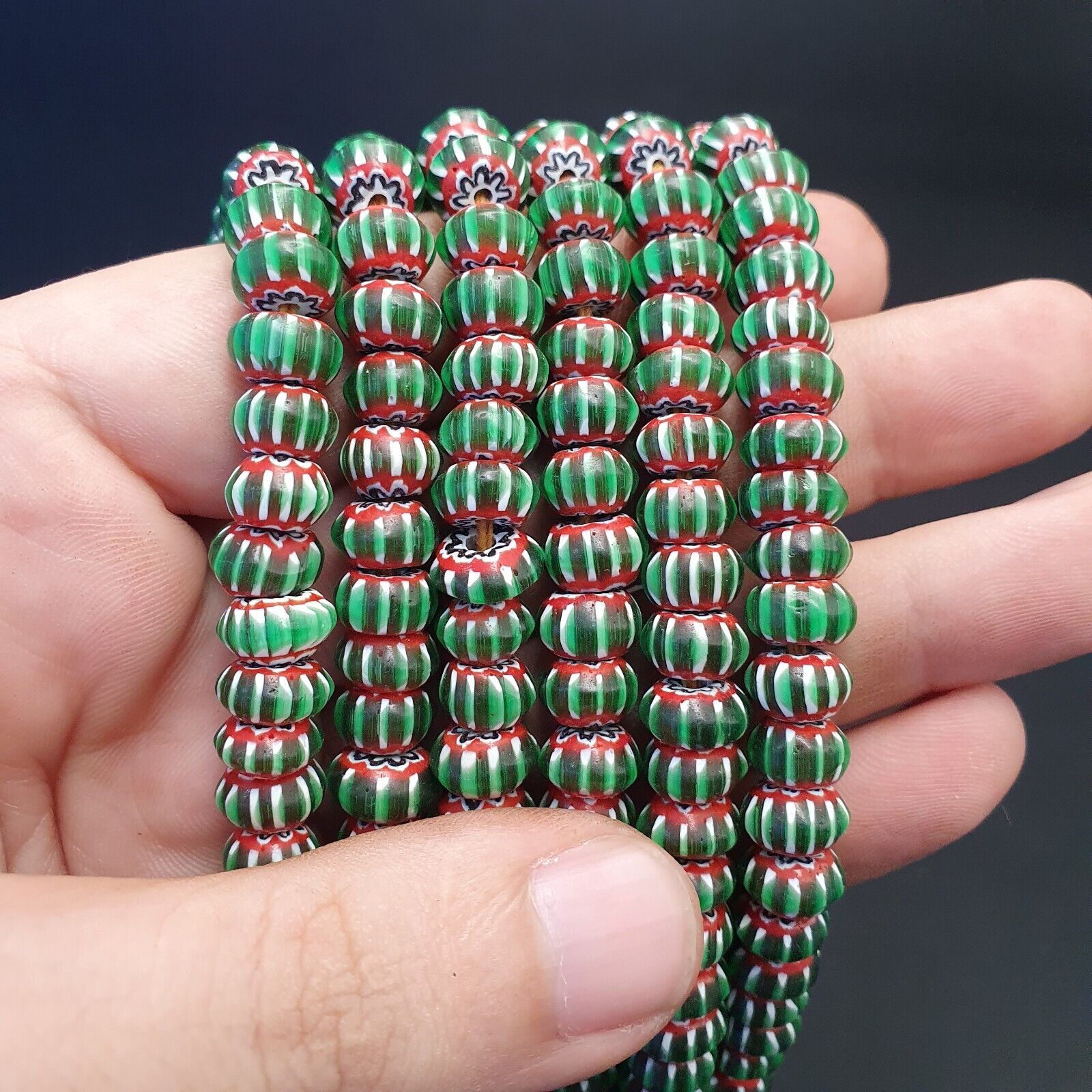 Vintage Venetian African Style Glass Green Chevron 9mm Beads Long Strand