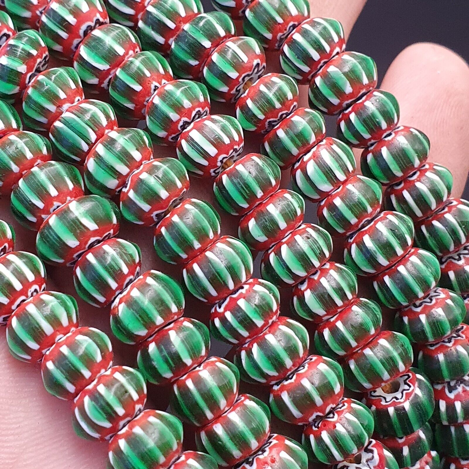 Vintage Venetian African Style Glass Green Chevron 9mm Beads Long Strand