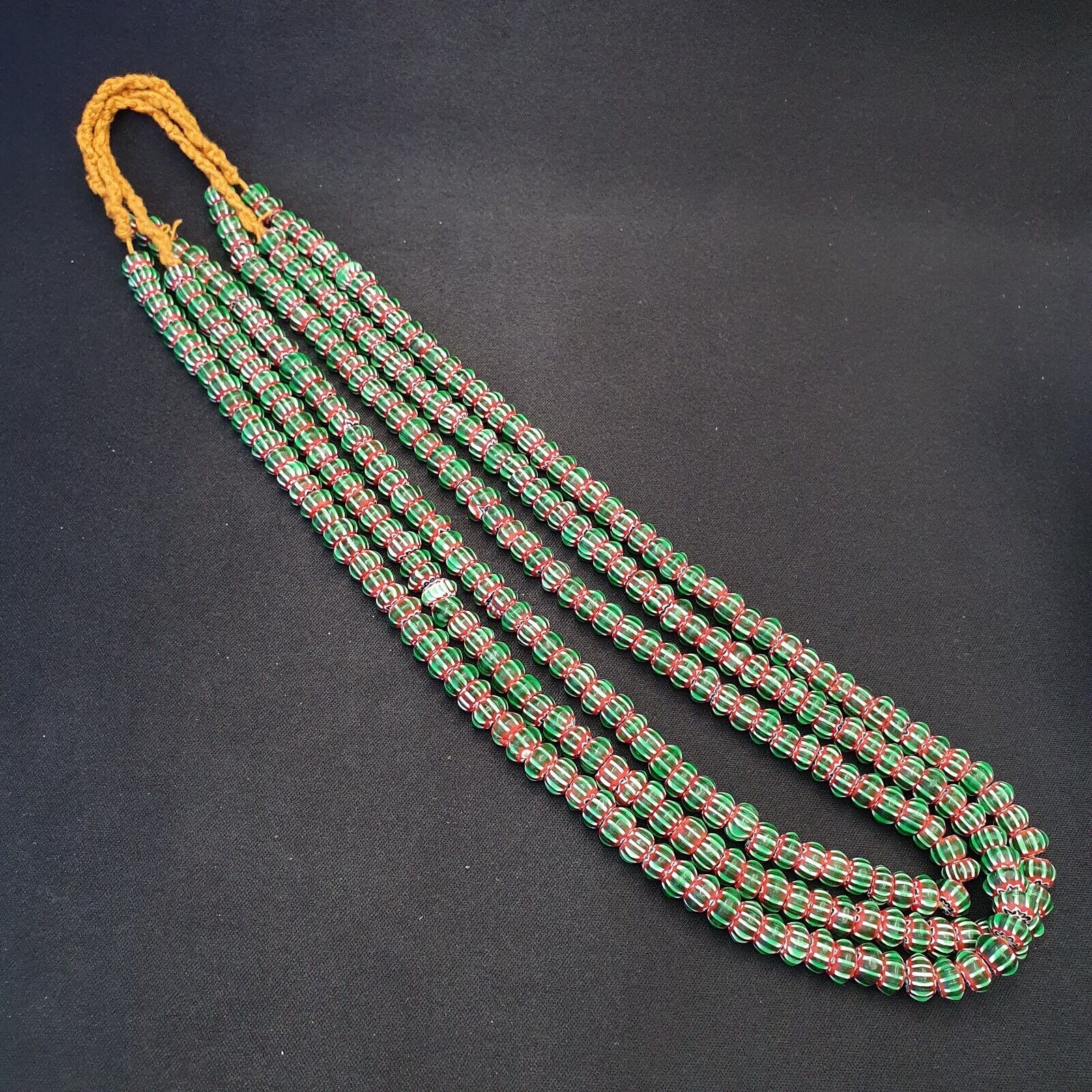 Vintage Venetian African Style Glass Green Chevron 9mm Beads Long Strand