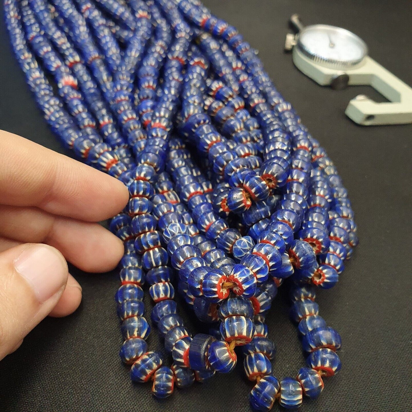 Vintage Venetian African Style Glass Blue Chevron 9mm Beads Long Strand