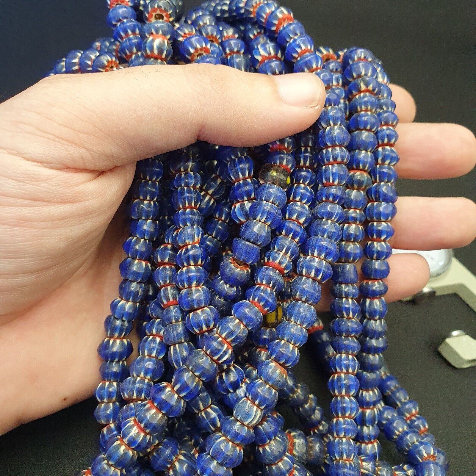 Vintage Venetian African Style Glass Blue Chevron 9mm Beads Long Strand