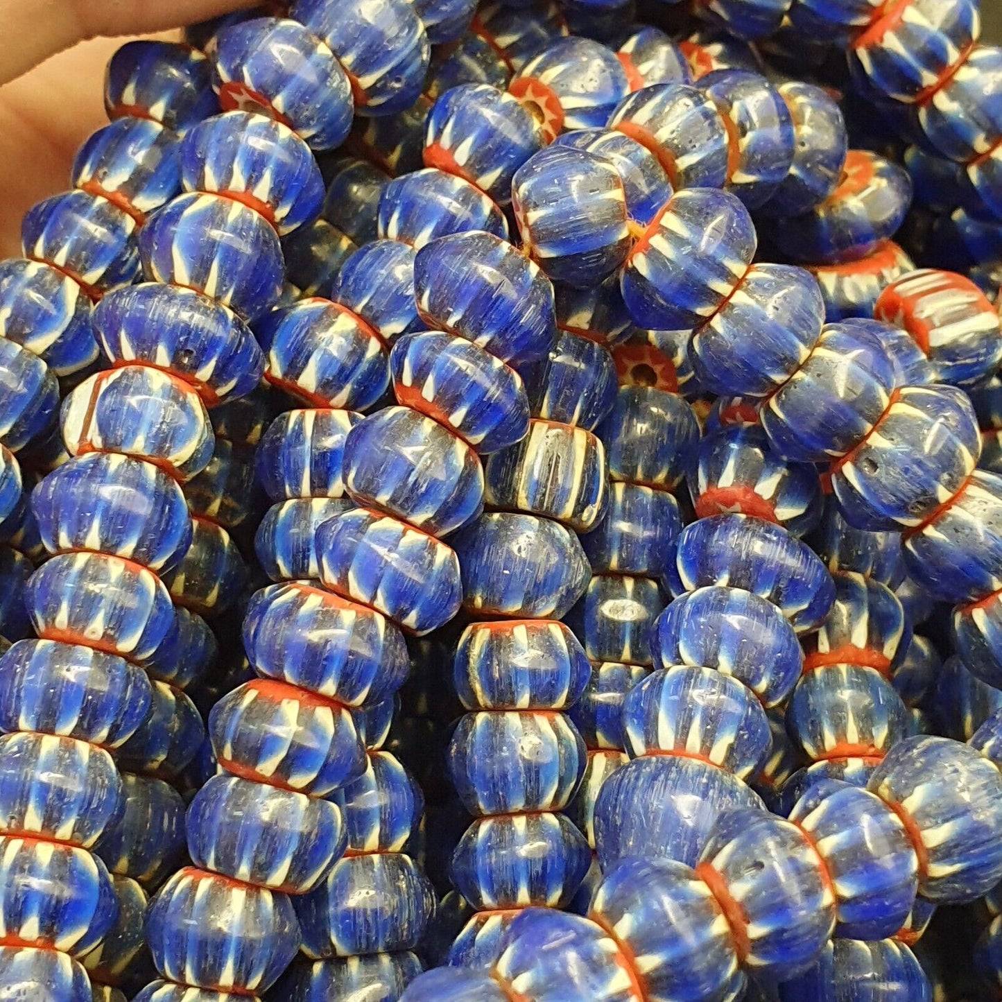 Vintage Venetian African Style Glass Blue Chevron 9mm Beads Long Strand