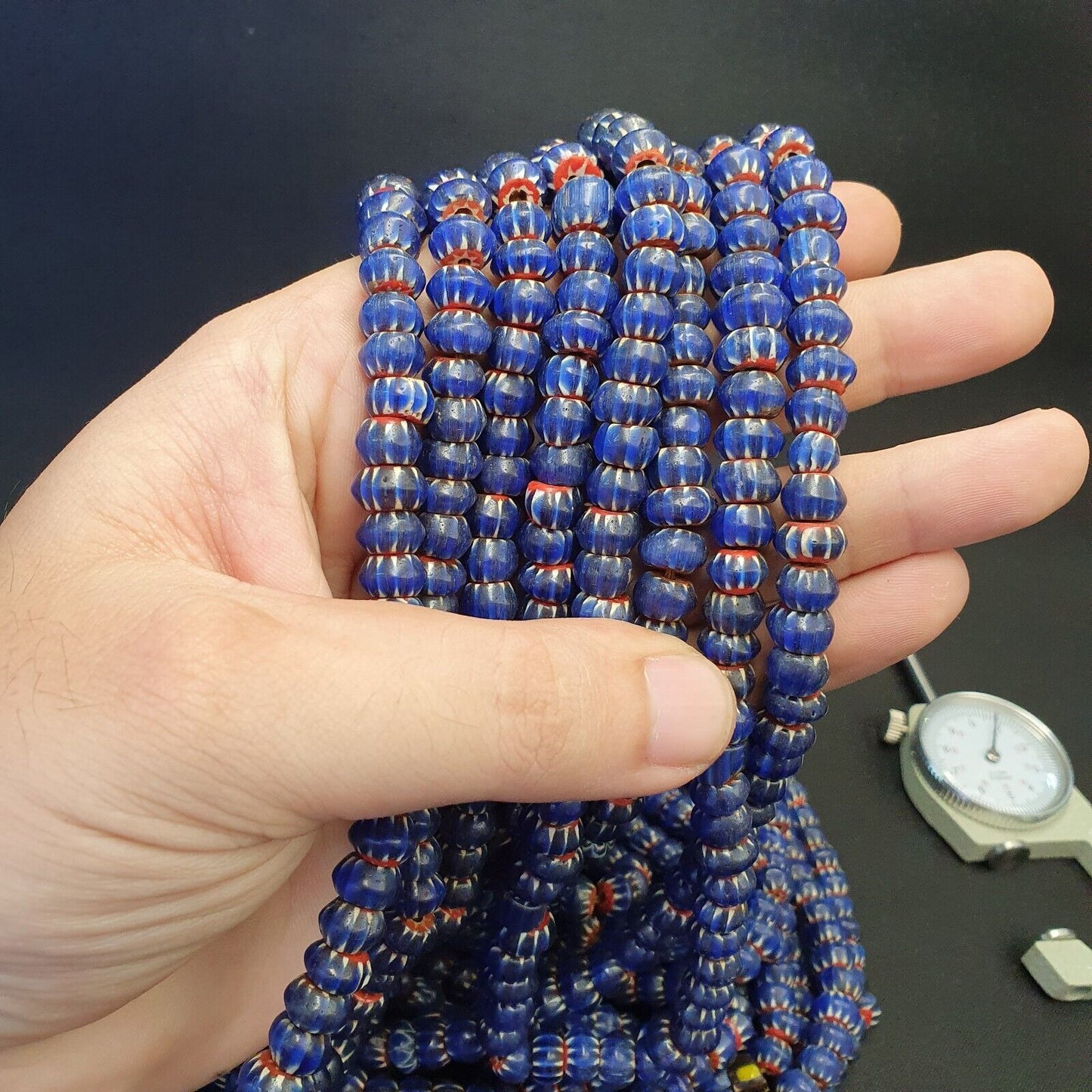 Vintage Venetian African Style Glass Blue Chevron 9mm Beads Long Strand