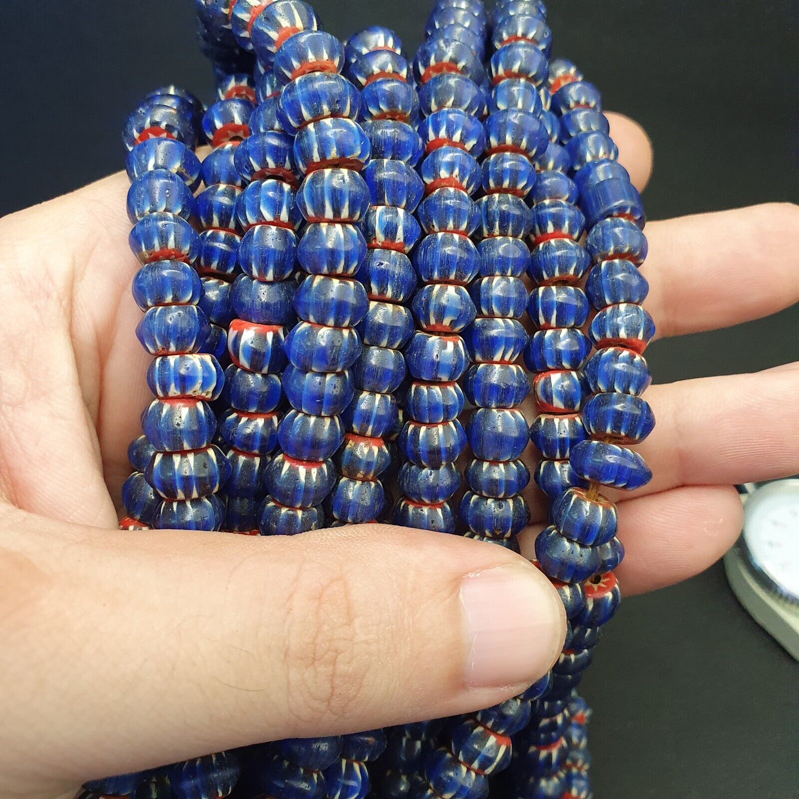 Vintage Venetian African Style Glass Blue Chevron 9mm Beads Long Strand