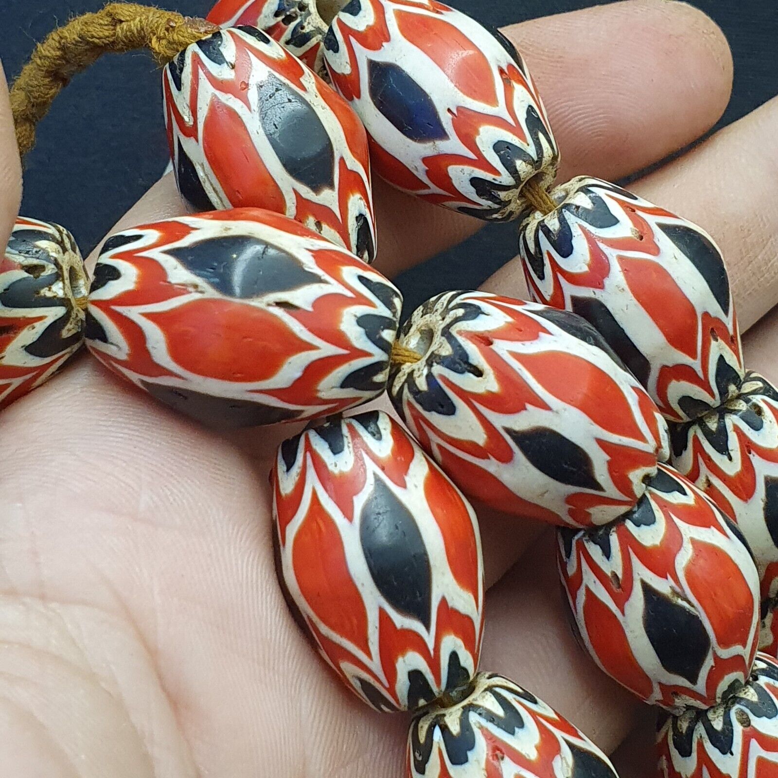 Antique Venetian inspired Trade red & Black Glass Chevron Beads 18mm Big Beads