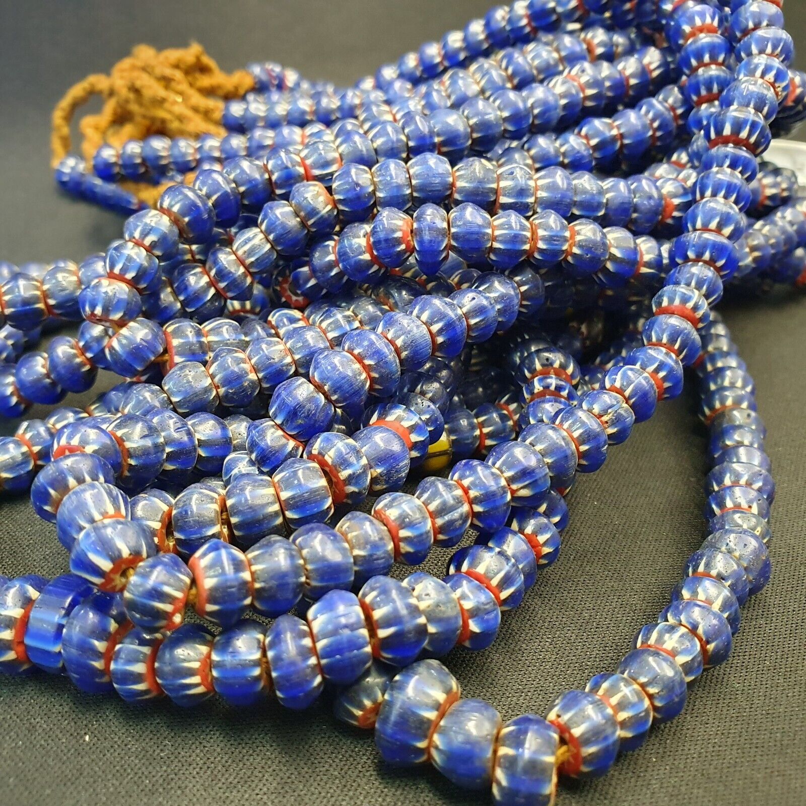 Vintage Venetian African Style Glass Blue Chevron 9mm Beads Long Strand