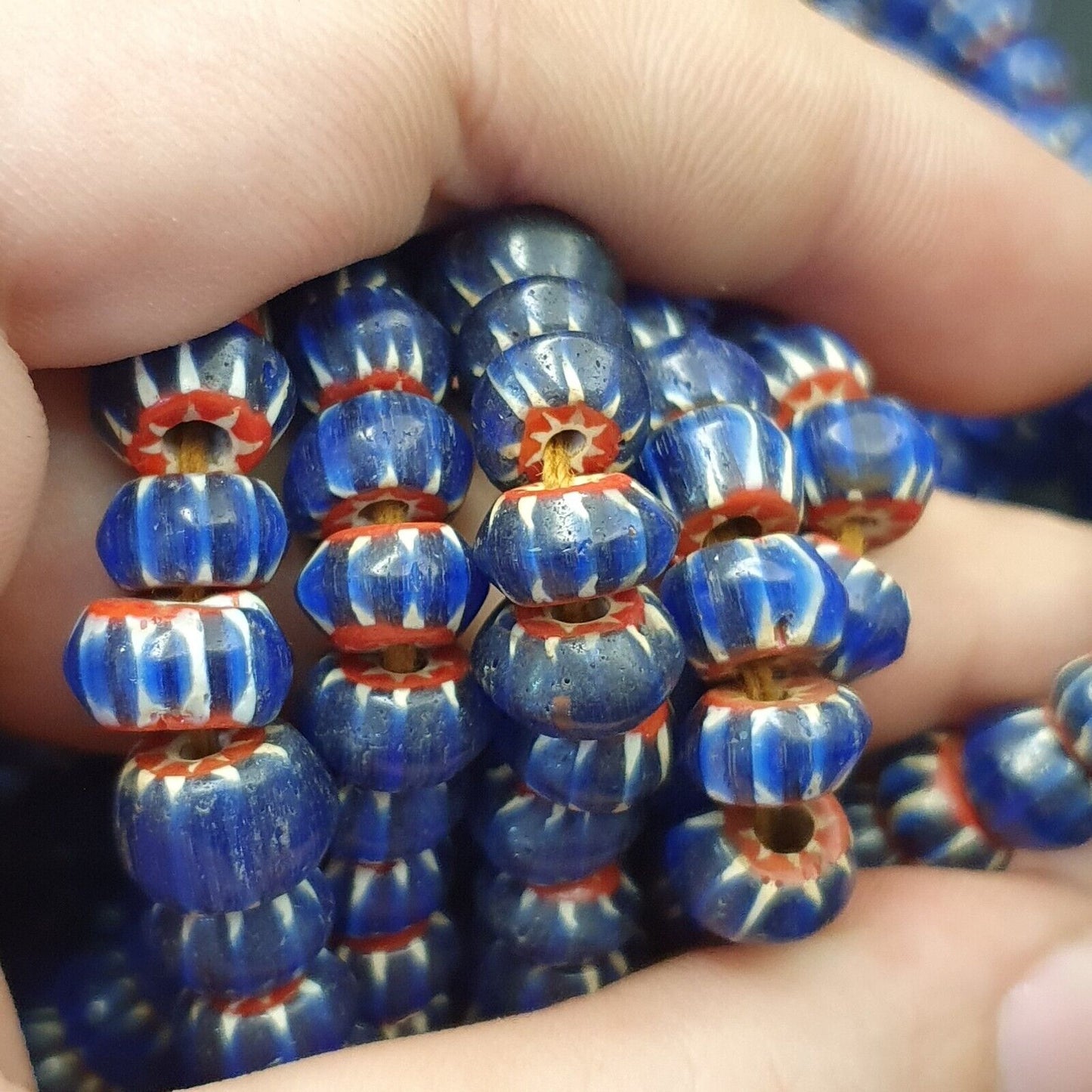 Vintage Venetian African Style Glass Blue Chevron 9mm Beads Long Strand