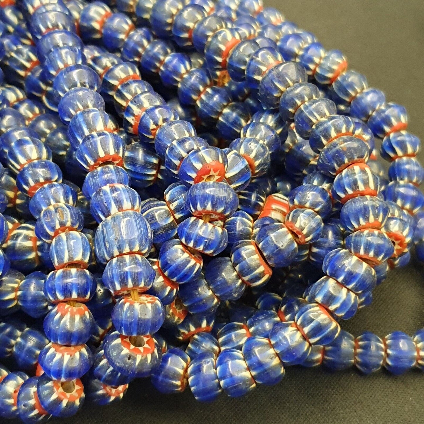 Vintage Venetian African Style Glass Blue Chevron 9mm Beads Long Strand