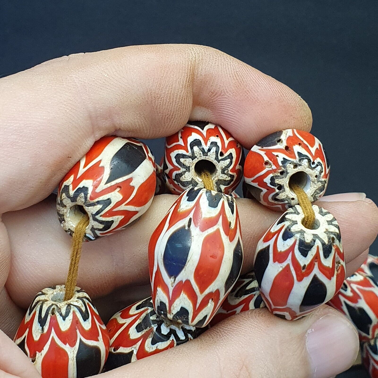 Antique Venetian inspired Trade red & Black Glass Chevron Beads 18mm Big Beads