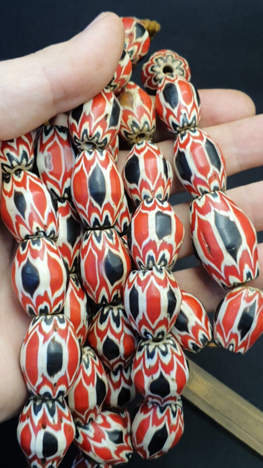 Antique Venetian inspired Trade red & Black Glass Chevron Beads 18mm Big Beads