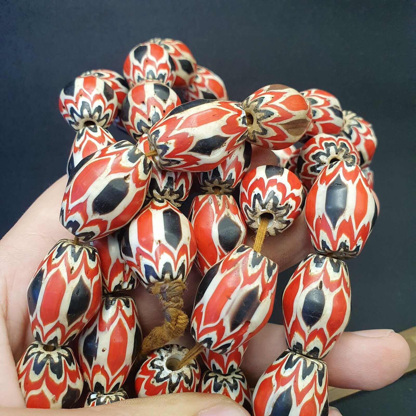 Antique Venetian inspired Trade red & Black Glass Chevron Beads 18mm Big Beads