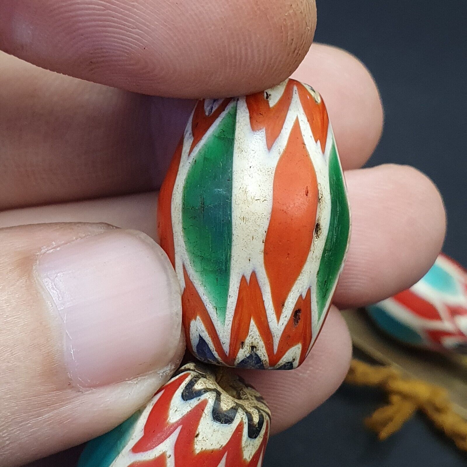 Antique Venetian inspired Trade African green Glass Chevron Beads 18mmx 24mm