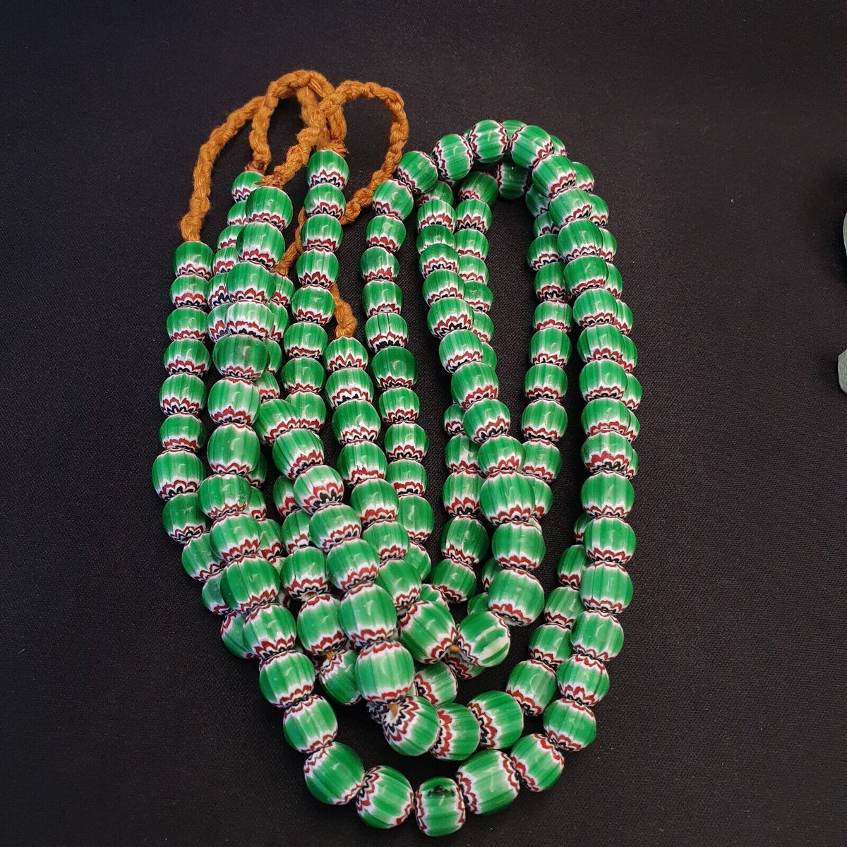 Vintage Venetian African Style Green Glass Chevron 10mm Beads Long Strand