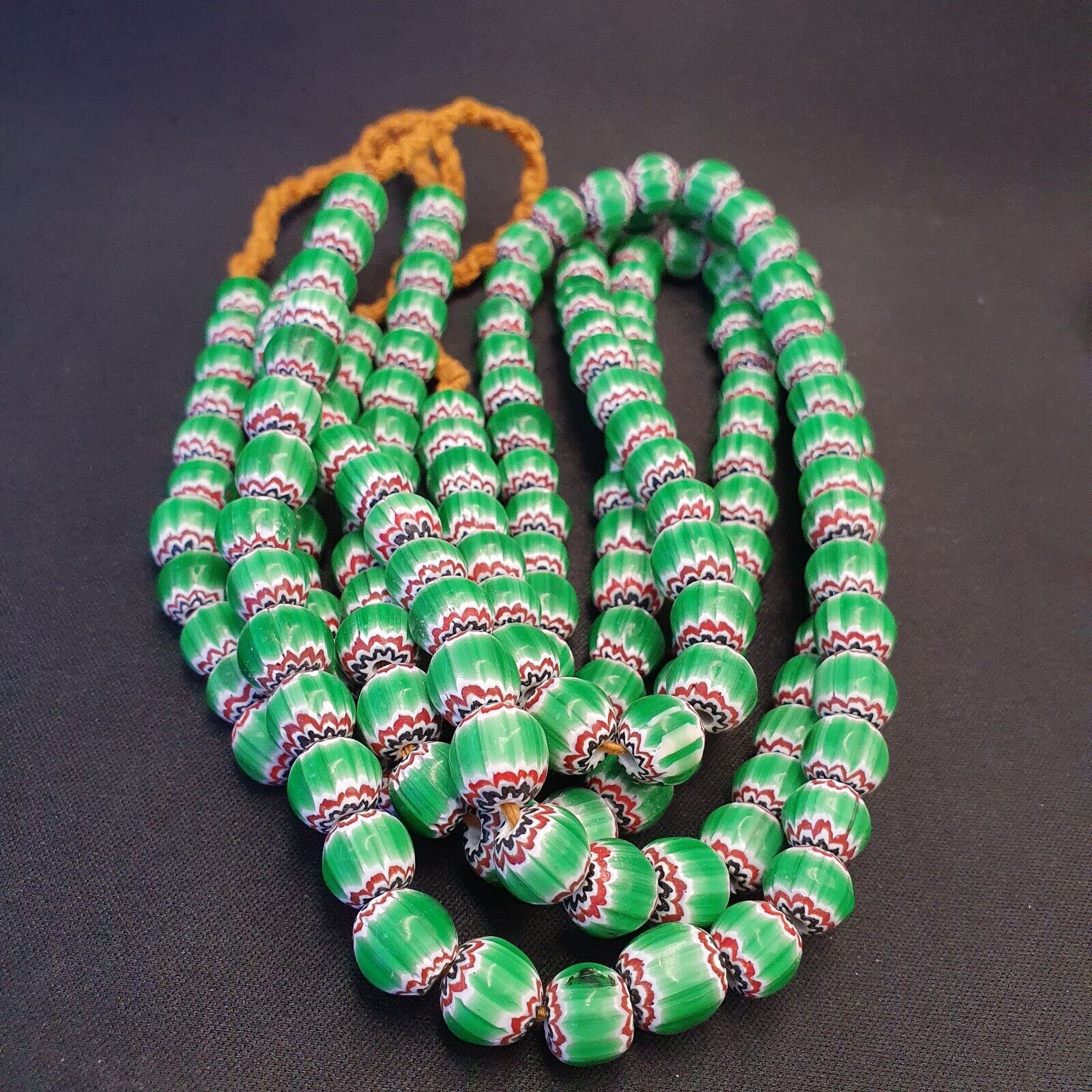 Vintage Venetian African Style Green Glass Chevron 10mm Beads Long Strand