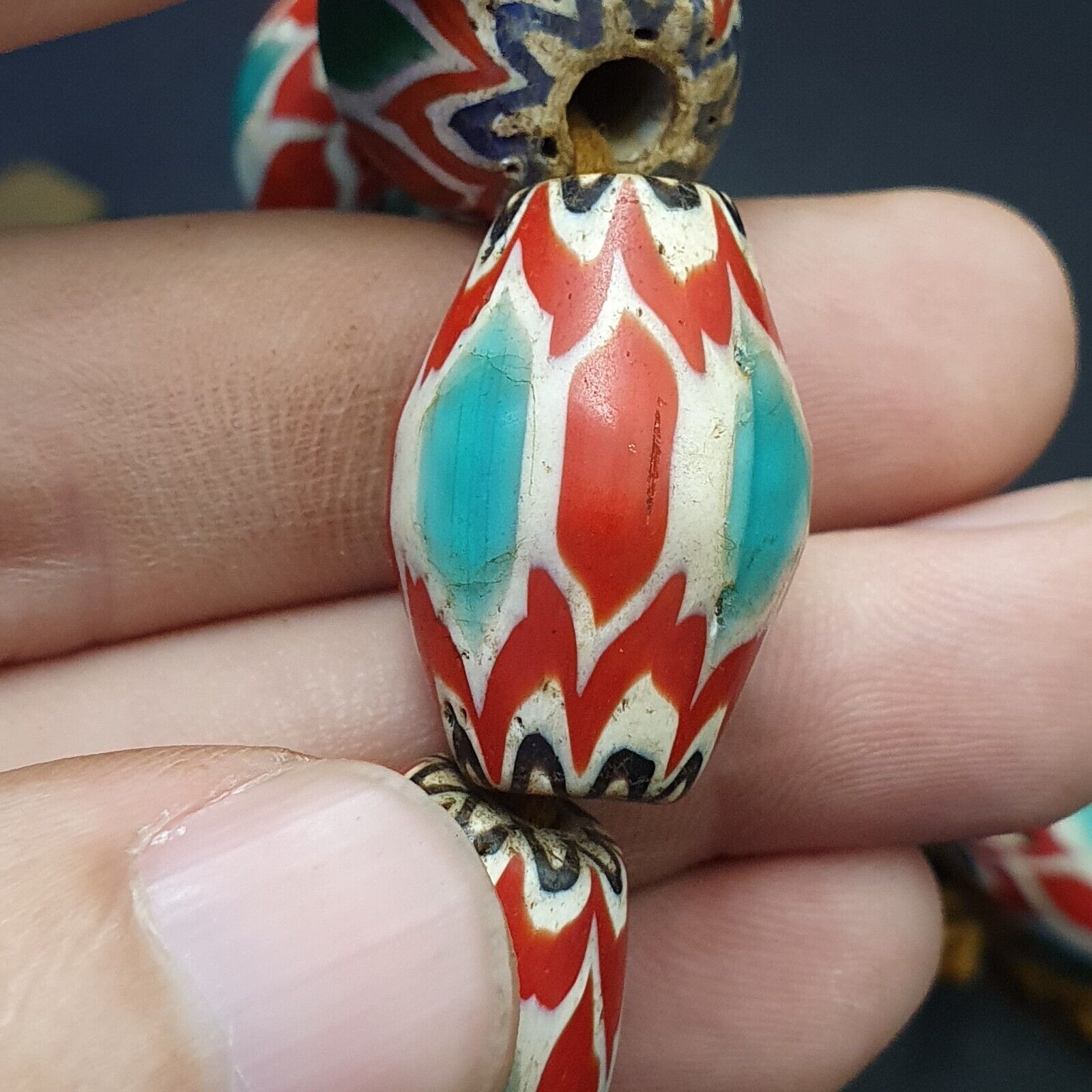 Antique Venetian inspired Trade African green Glass Chevron Beads 18mmx 24mm