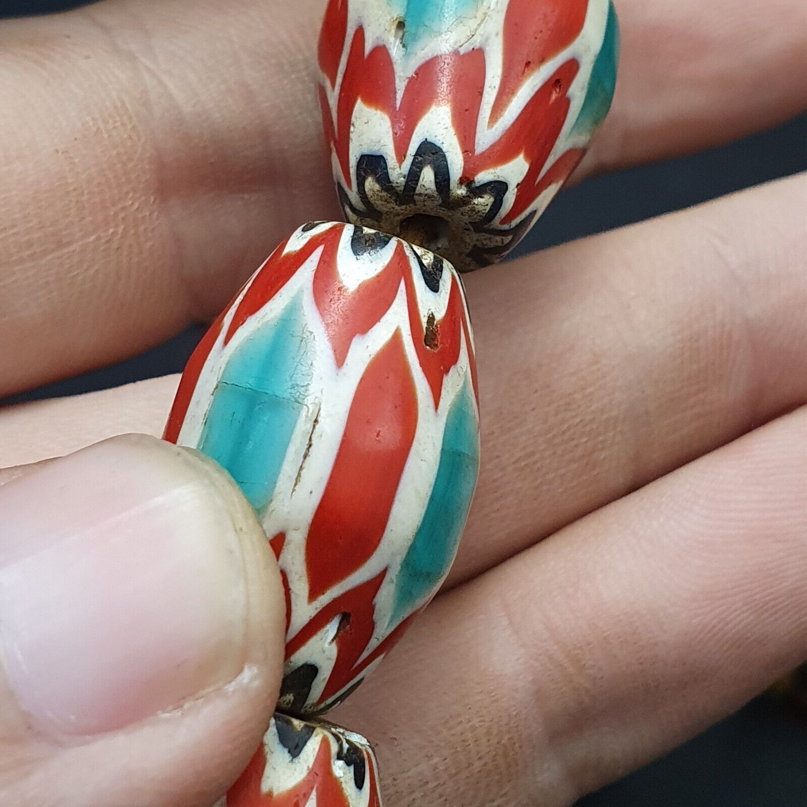 Antique Venetian inspired Trade African green Glass Chevron Beads 18mmx 24mm