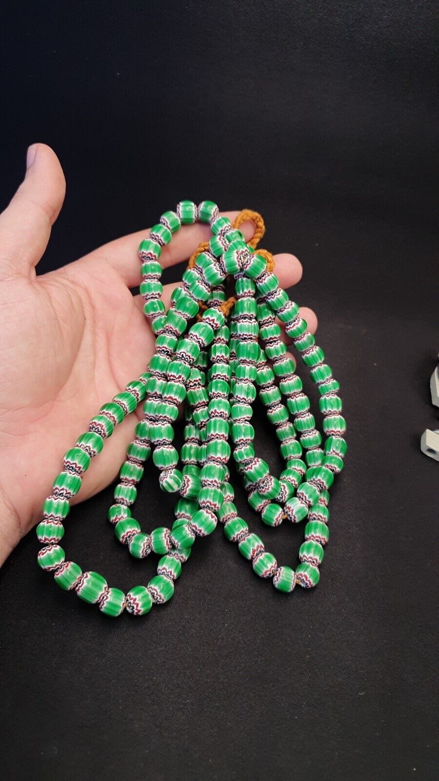 Vintage Venetian African Style Green Glass Chevron 10mm Beads Long Strand
