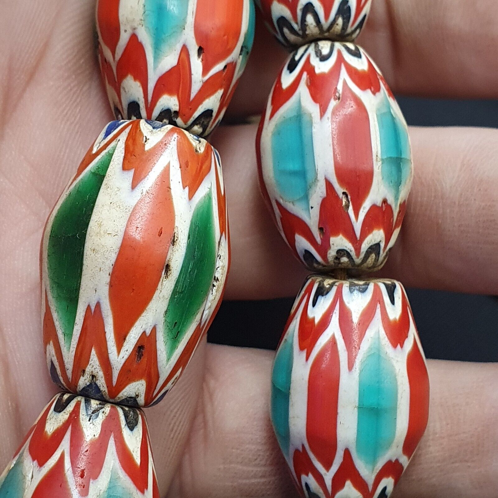 Antique Venetian inspired Trade African green Glass Chevron Beads 18mmx 24mm