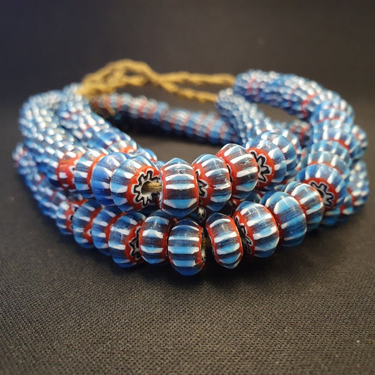 Vintage Venetian African Style Blue Glass Chevron 11mm Beads Long Strand