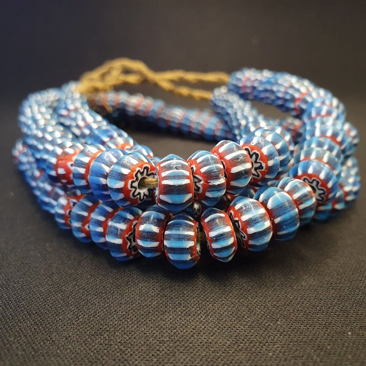 Vintage Venetian African Style Blue Glass Chevron 11mm Beads Long Strand