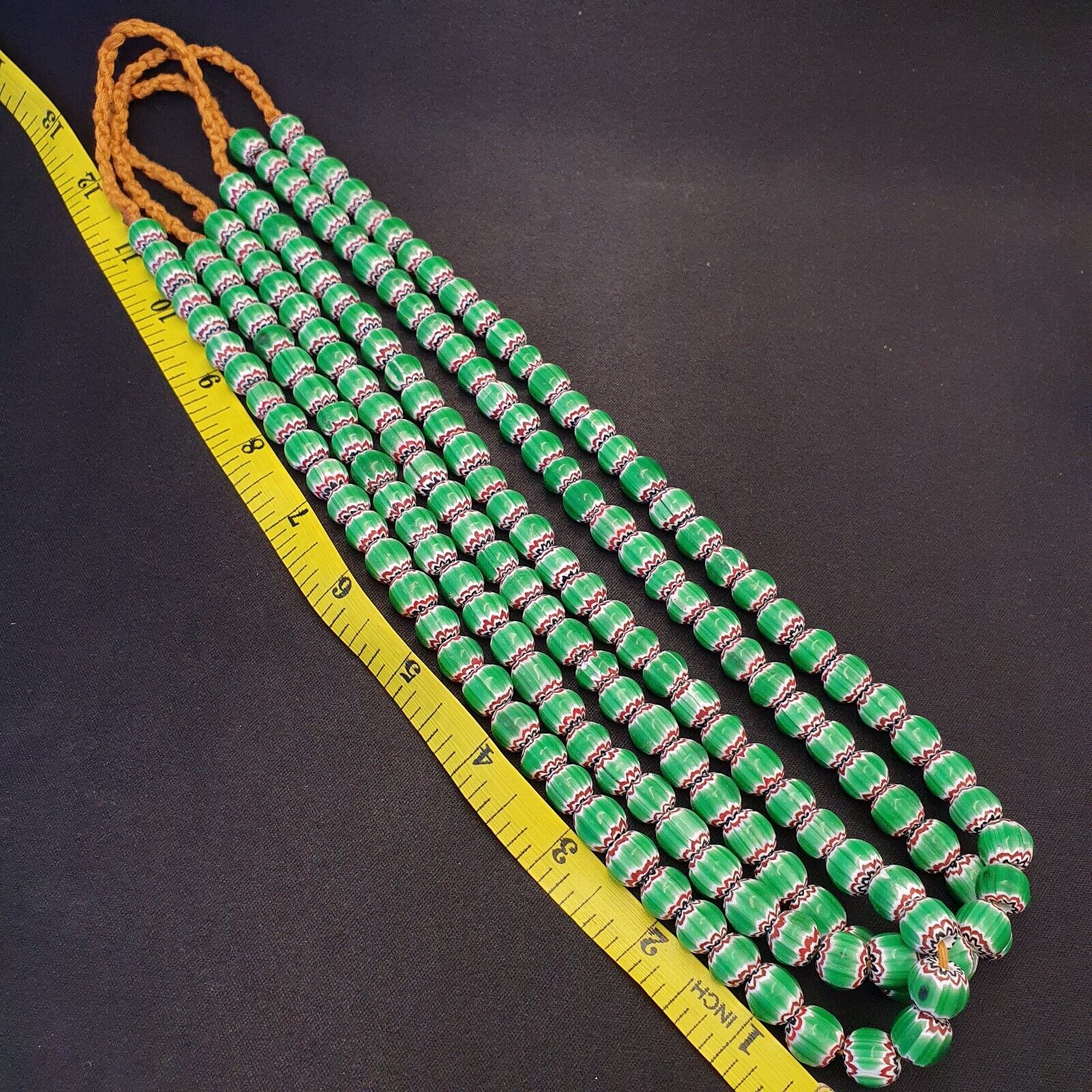 Vintage Venetian African Style Green Glass Chevron 10mm Beads Long Strand
