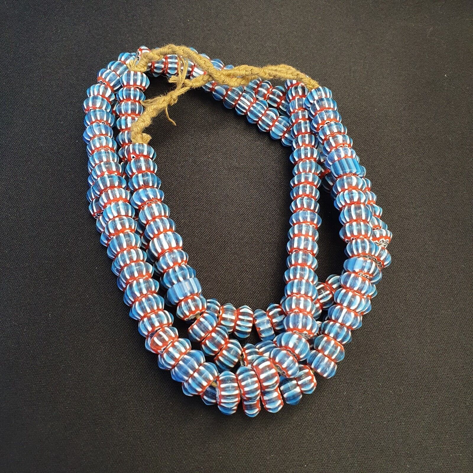 Vintage Venetian African Style Blue Glass Chevron 11mm Beads Long Strand