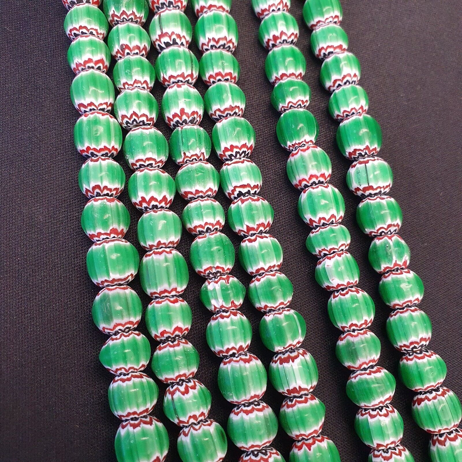 Vintage Venetian African Style Green Glass Chevron 10mm Beads Long Strand