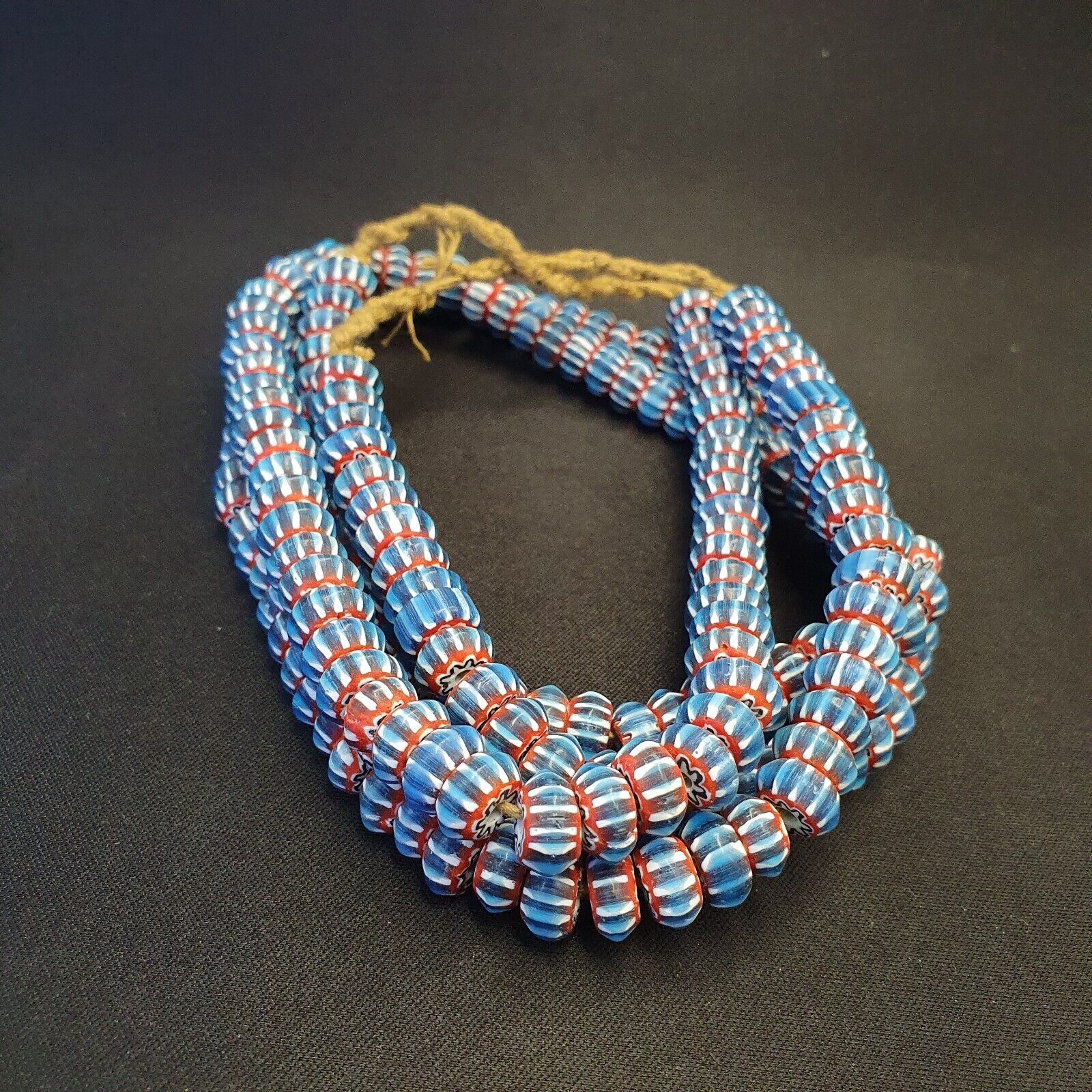 Vintage Venetian African Style Blue Glass Chevron 11mm Beads Long Strand