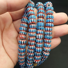 Vintage Venetian African Style Blue Glass Chevron 11mm Beads Long Strand